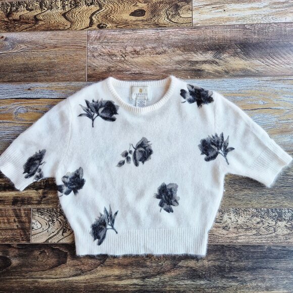 Vintage'90s Express Tricot Floral Rabbit Hair Blend Short Sleeve Sweater Ivory - Picture 1 of 11